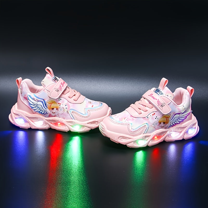 Girls' low top running shoes with glittering design, buckle closure, and lightweight microfiber synthetic construction for kids aged 14 and under.