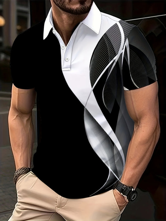 Men's plus size golf shirt with color block design, breathable polyester blend, machine washable.