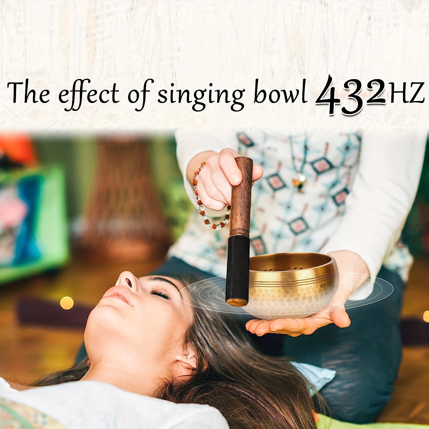 Golden copper Tibetan singing bowl set for relaxation and mindfulness meditation, includes wooden striker. Ideal for yoga, reiki, and travel, portable for office, retreats, and meditation.