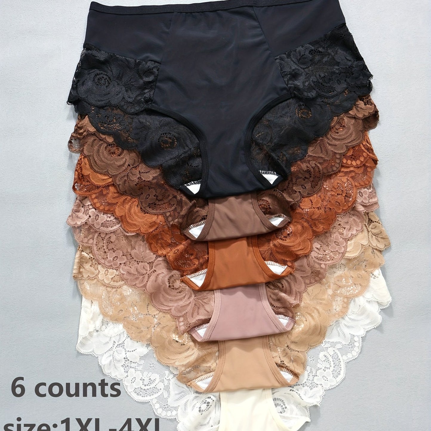 6pcs Women's Breathable Triangle Panties in Melard and Dark Colors with Sexy Lace, Large Size for Autumn and Winter