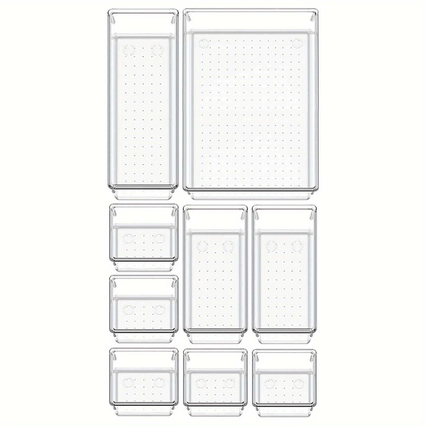 Set of 9/18 versatile clear plastic organizers for vanity and bathroom drawers, in 4 different sizes, for makeup, kitchen, and office.