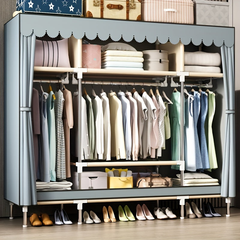 The Simple Clothes Storage Wardrobe features a drawer and dust-proof curtain, making it a convenient and efficient storage solution for your bedroom or entryway. This steel tube wardrobe is easy to assemble and offers a large capacity for organizing your