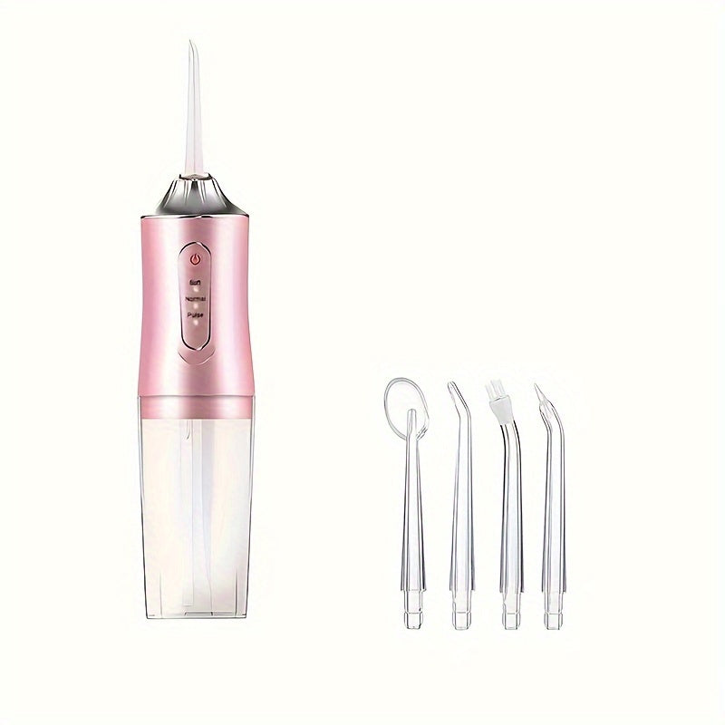 Rechargeable Electric Water Flosser with high-pressure jet tips for effective food particle removal, ideal for braces and hard-to-reach areas. Charges via USB with sleek pink design