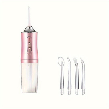 Rechargeable Electric Water Flosser with high-pressure jet tips for effective food particle removal, ideal for braces and hard-to-reach areas. Charges via USB with sleek pink design