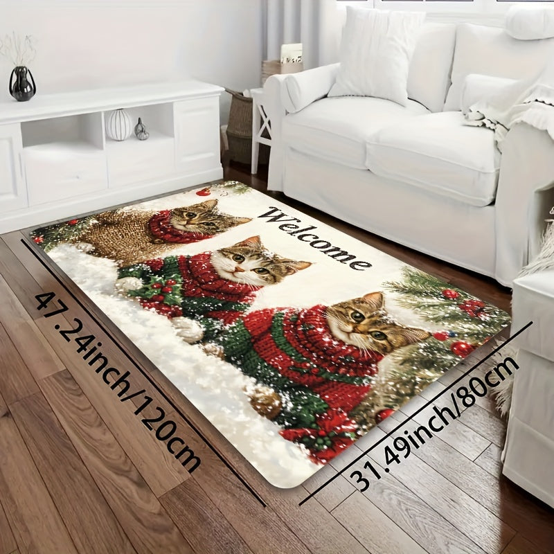 Welcome your guests with the festive 3 Cats Christmas Welcome Mat! This rectangular rug is 8mm thick and made of machine washable polyester with a PVC backing. Its durable construction allows it to be used indoors in doorways, kitchens, bathrooms, living