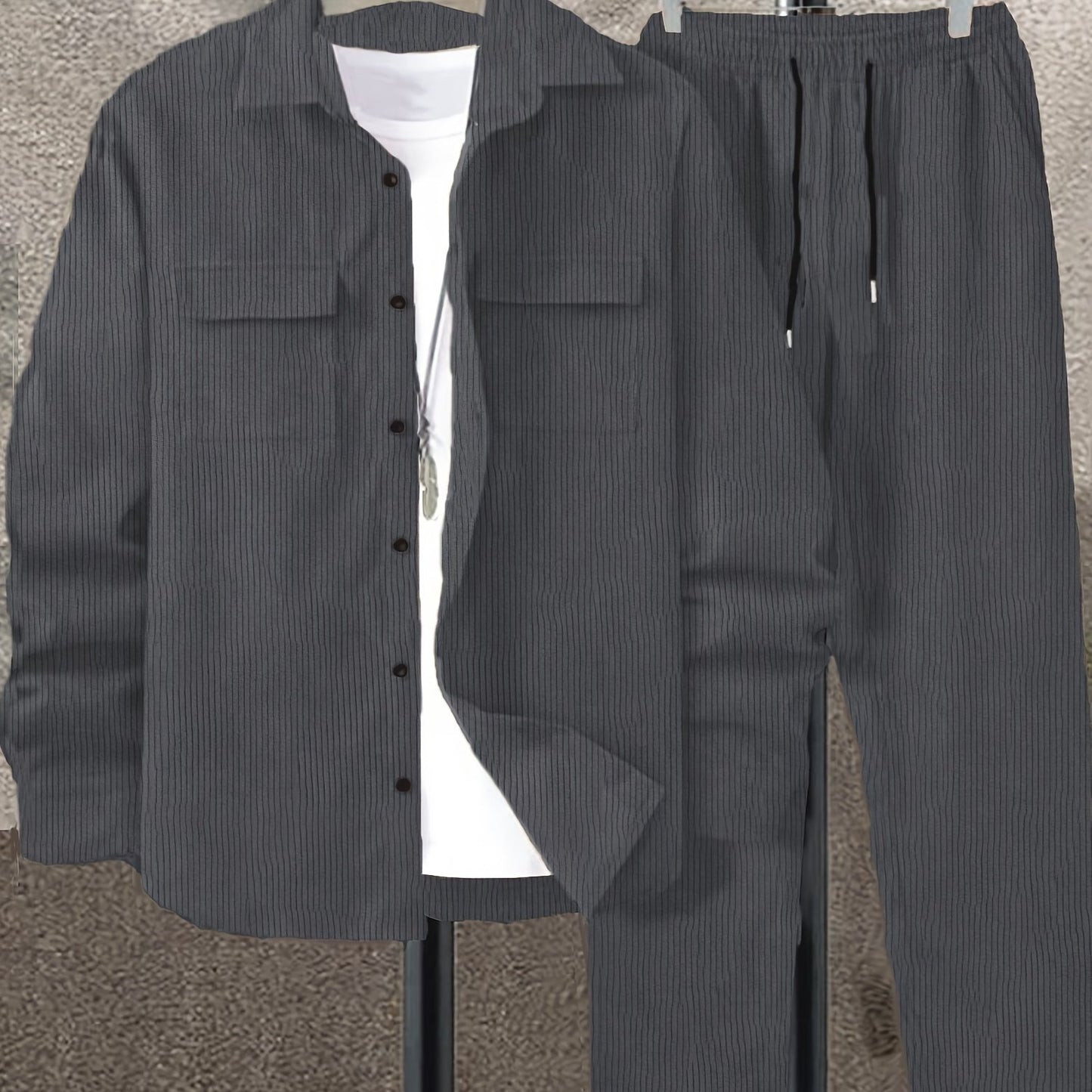 Men's corduroy suit with long sleeve shirt and pants.