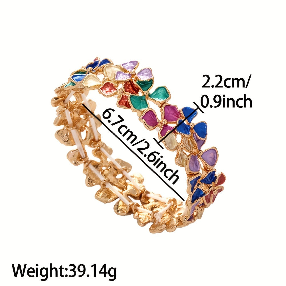 Elegant and timeless, this colorful enamel flower bracelet is made of high-quality zinc alloy. It is designed for women and features a fashionable stretch bangle style that is 18K golden plated. Perfect for daily wear, parties, and holidays, this