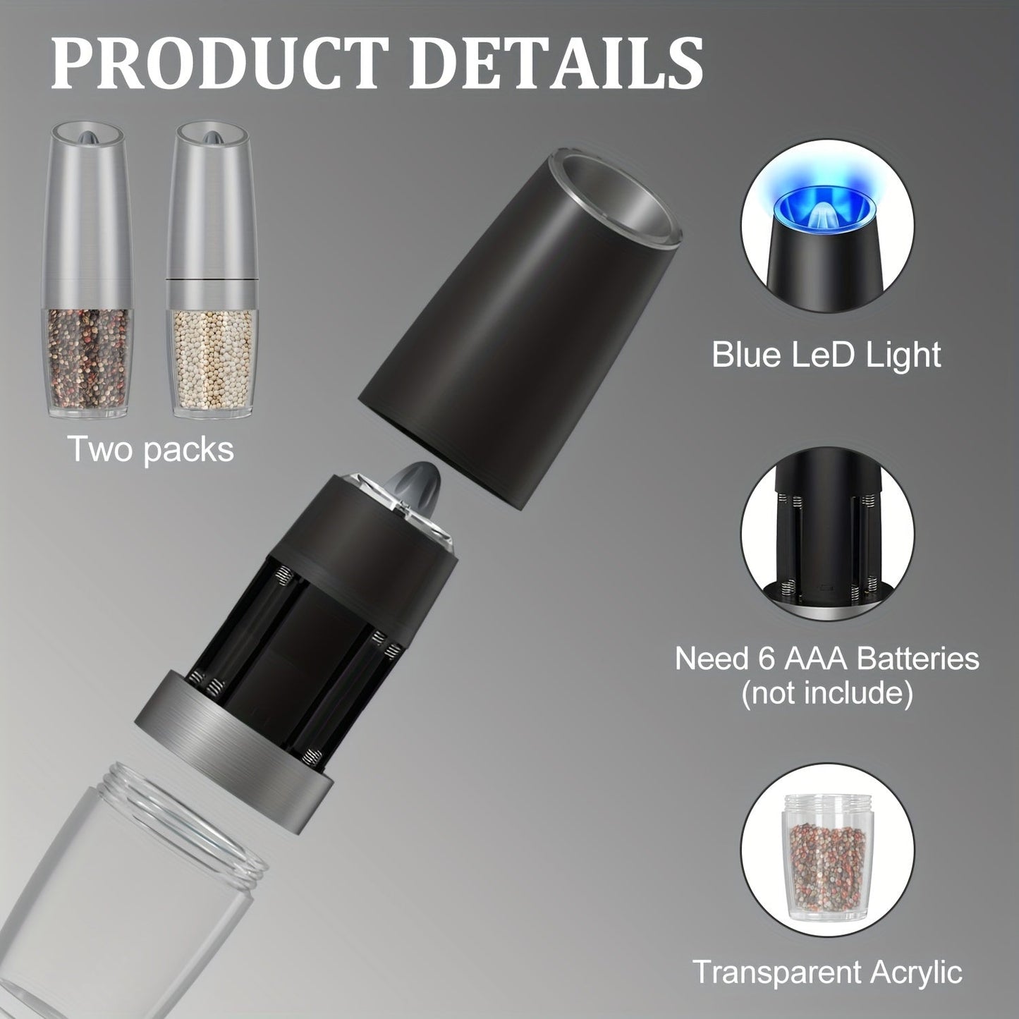 Electric Salt and Pepper Grinder Set with Adjustable Coarseness, Battery Operated, LED Light, One-hand Operation, Stainless Steel - Available in Multiple Colors.