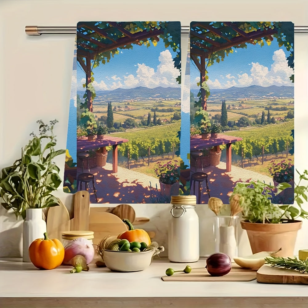 2-pack of plush kitchen towels, perfect for a day of wine tasting at a nearby vineyard. These ultra-soft and highly absorbent dish towels are ideal for adding a festive touch to your kitchen decor. Machine washable and measuring 16x24 inches each. Item