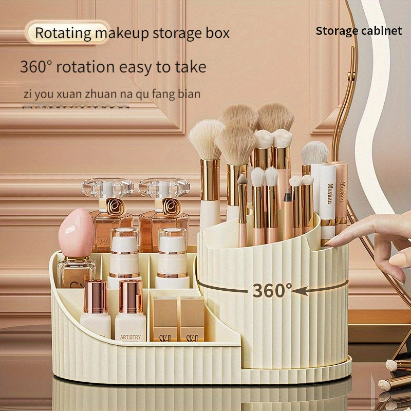 Compact rotating makeup organizer available in white, pink, and cream. Durable plastic with space-saving design for brushes, lipsticks, skincare, and stationery. Elegant and compact