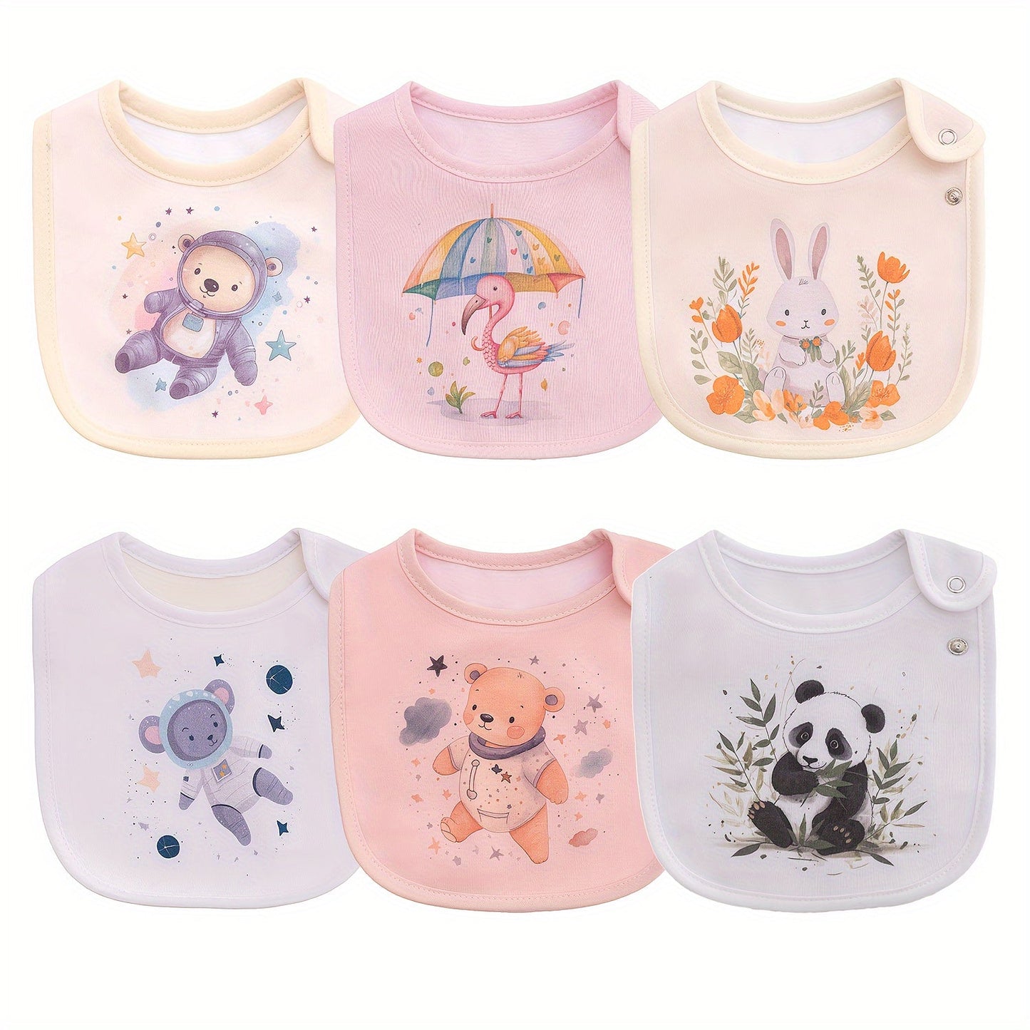 Set of 6 Adjustable Snap Waterproof Kids Feeding Bibs - Adorable Cartoon Print for Boys & Girls, Ideal for Every Season