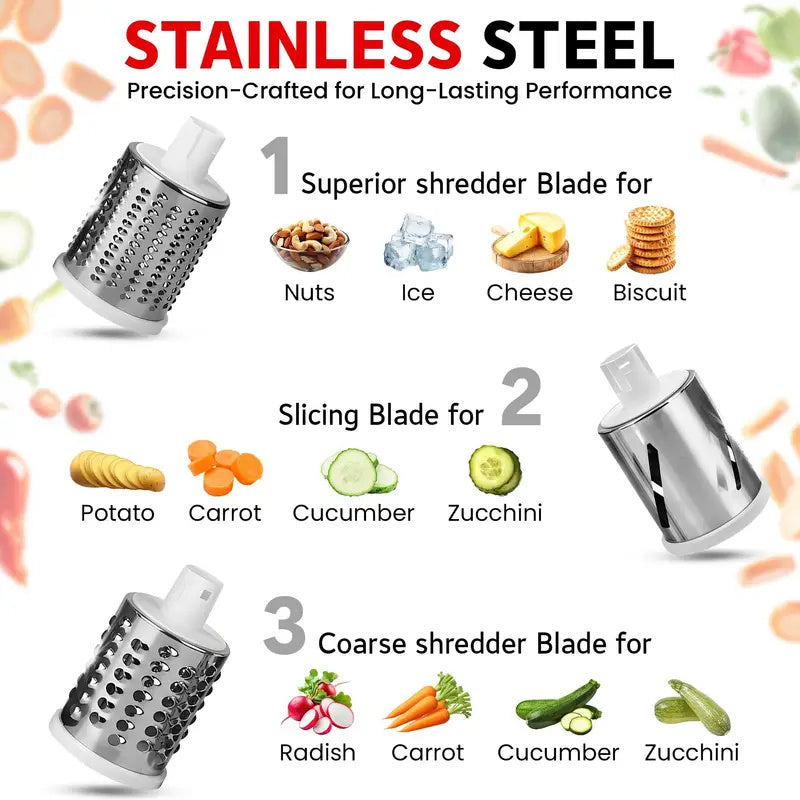 3-in-1 manual food grater set with 3 replaceable blades for cheese, vegetables, and fruit. Large tabletop drum for easy slicing. Rotary grater for easy cleaning and grinding of fruits