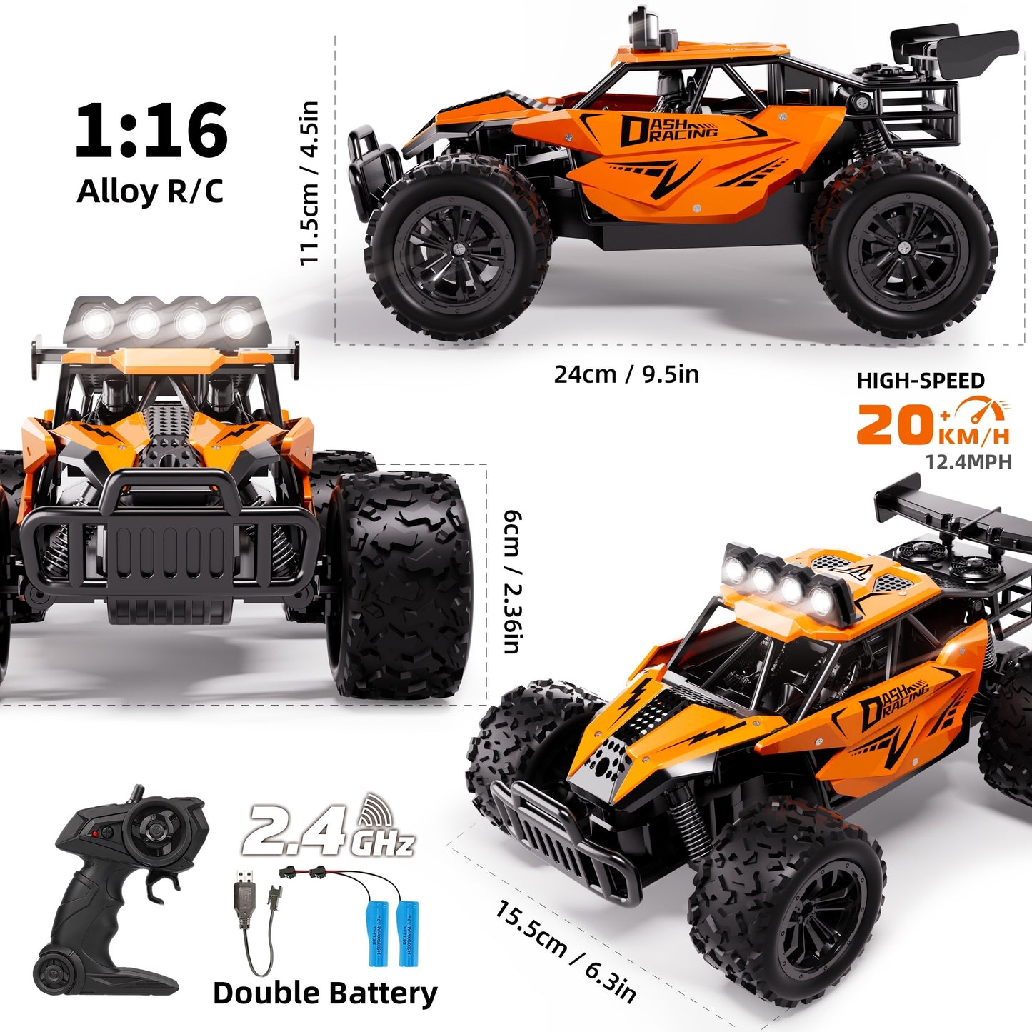 K.K 1:16 Scale High-Speed RC Truck with Alloy Body, Double Battery, and 20 km/h Speed. Includes 2.4G Remote Control in Blue & Black Design. Ideal Gift for Boys and Girls.