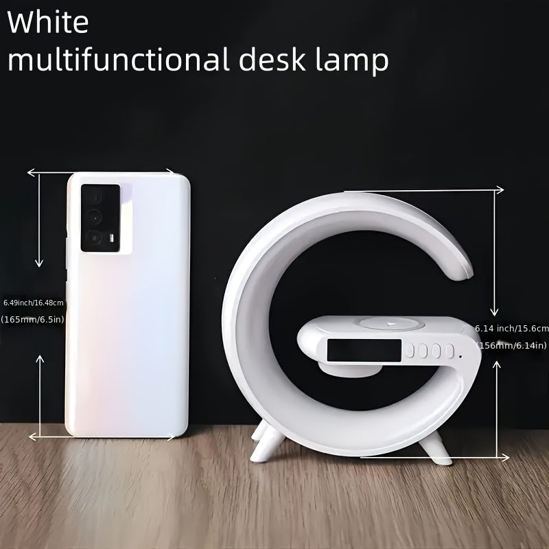 A multifunctional ambient lamp with wireless charging, sound system, RGB LED lights, time display, alarm clock, and TF card playback.