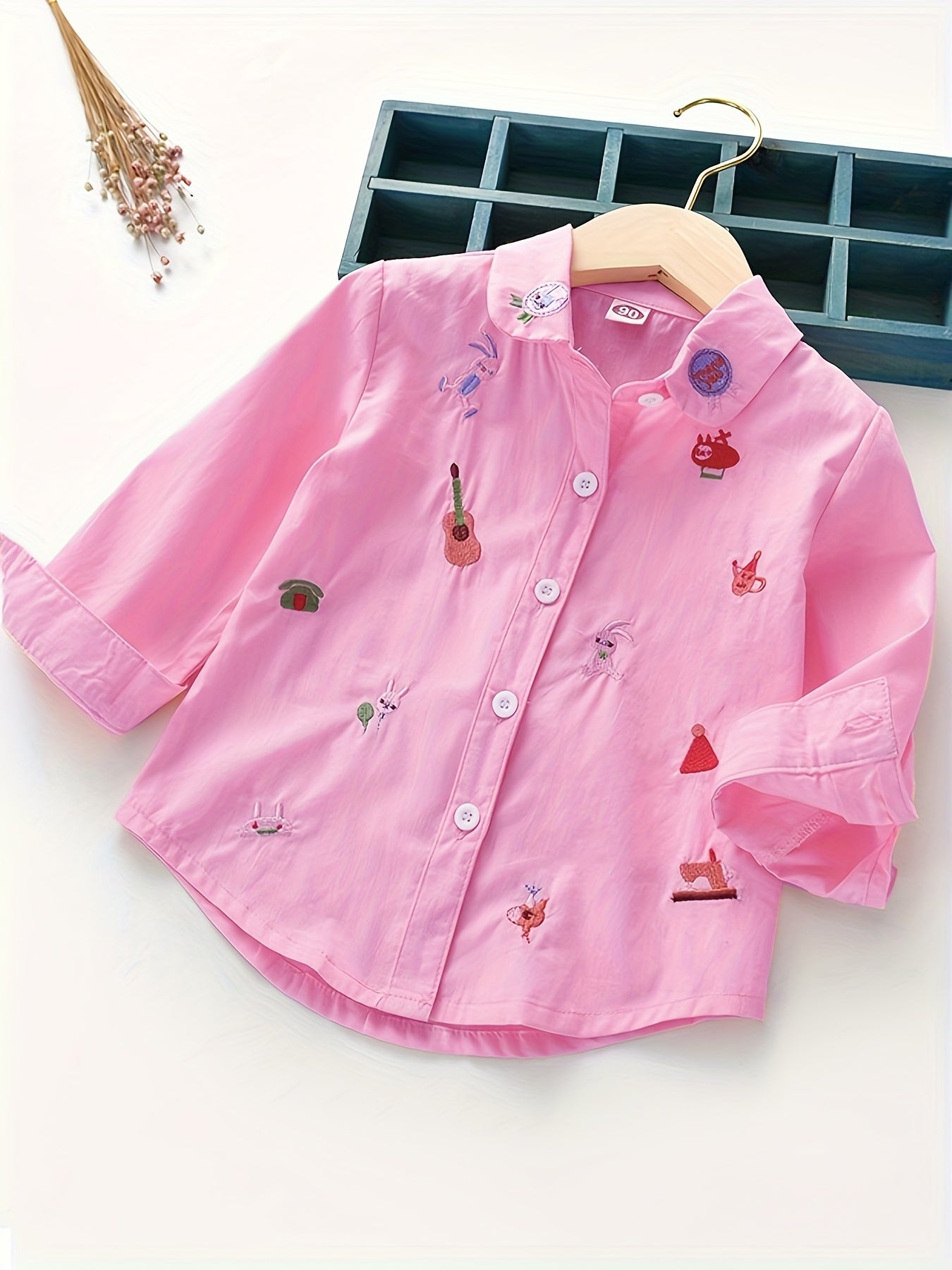 Charming girls' cotton shirt with embroidered long sleeves, cartoon collar, ruffled cuff & hem. Perfect for spring/fall, lightweight and breathable.