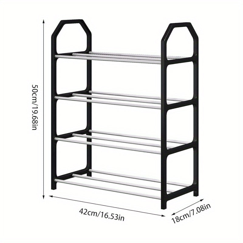 Simple Shoe Rack with 4 Tiers, Compact and Versatile Design, Quick and Easy Assembly, Dust-Proof Storage Solution for Entryway, Bedroom, or Living Room - White Sneakers Displayed on Black Metal Frame, Shoe Organizer