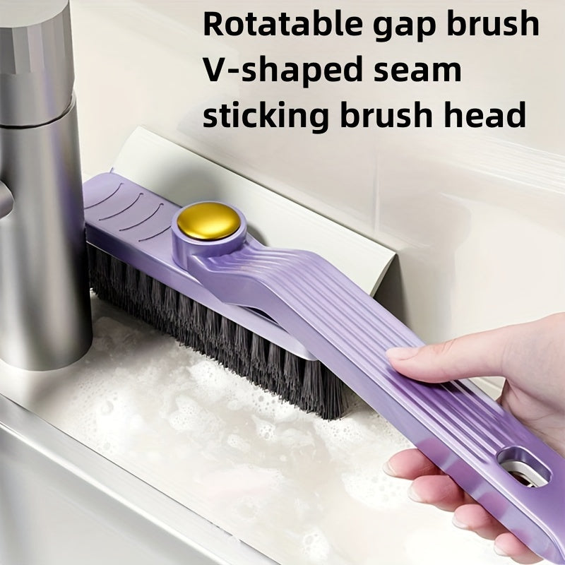 Multifunctional rotating gap brush suitable for 360° ceramic tile cleaning. This 4-in-1 bathroom floor scraper features a reusable plastic handle and is perfect for use in the living room, bedroom, bathroom, and kitchen. No power required for operation.