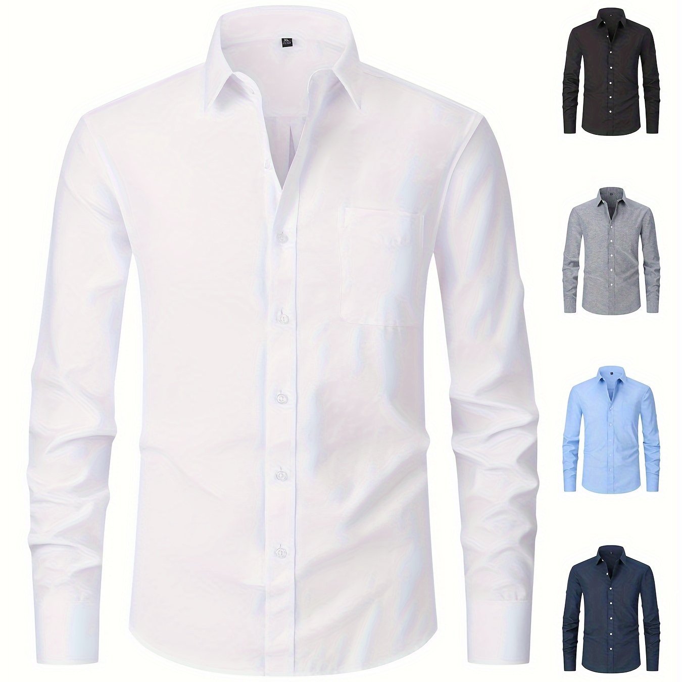 Men's loose fit cotton blend oxford dress shirt with long sleeves, single-breasted placket, mature lapel collar, solid color, and front pocket detail, perfect for spring and fall seasons.