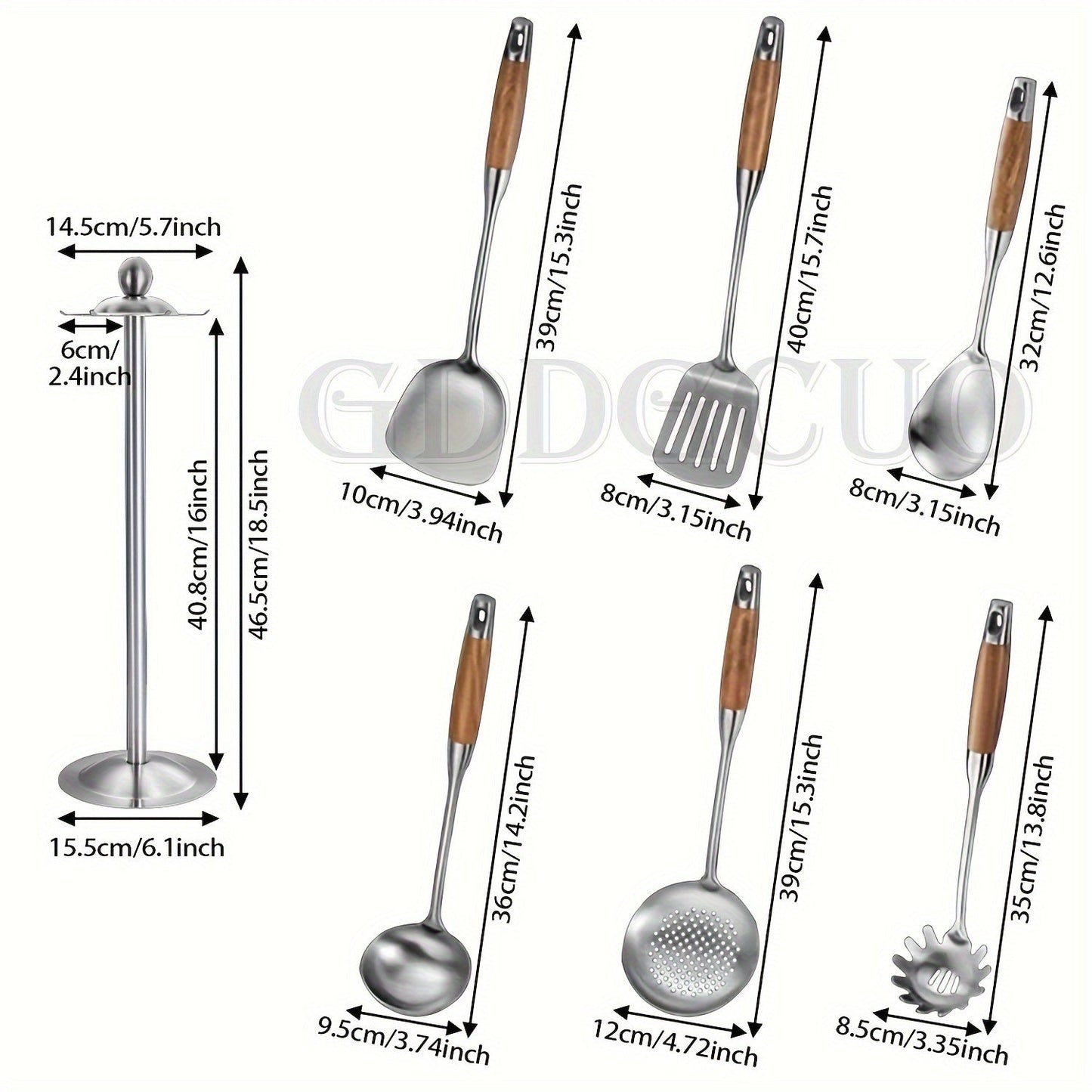 Seven pieces of cooking utensils made with durable 304 stainless steel, complete with a rotating stand storage box. The set includes a slotted spoon, slotted spatula, ladle, soup ladle, spreader, and spaghetti server.