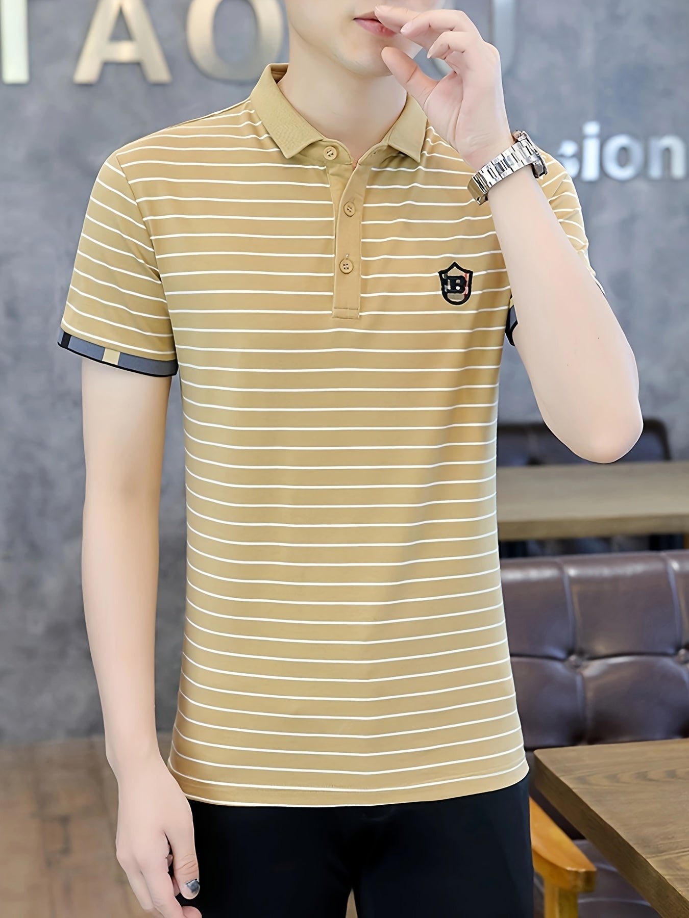 Men's Striped Golf Shirt with B Embroidery and Graphic Print, Casual Lapel Shirt for Summer Outdoor Activities