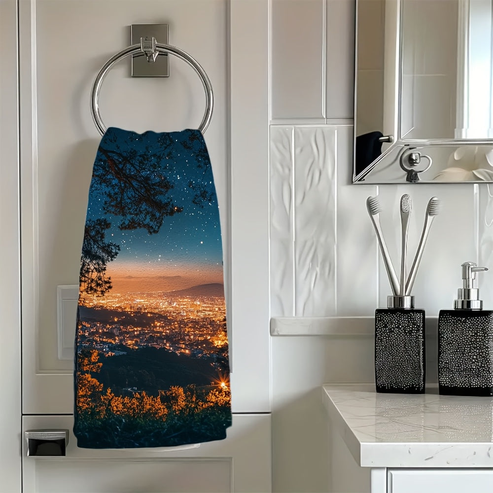 Two Coastal Style Kitchen Towels made of super absorbent polyester knit fabric. These contemporary oblong hand towels feature a sparkling city night view and are machine washable. Each towel measures 40.64x60.96 cm.