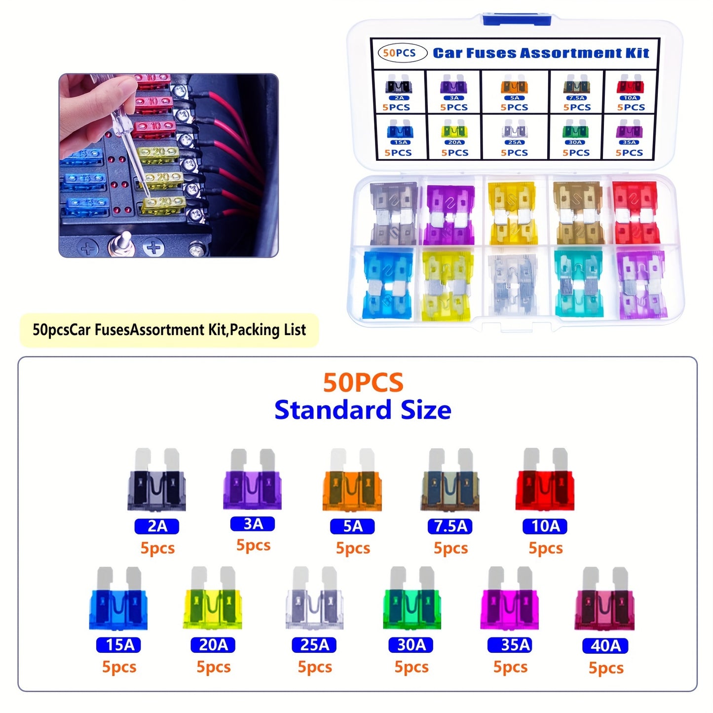 Car blade fuse assortment kit with multiple specifications ranging from 2A to 40A, suitable for various vehicles. Includes a box for storage.