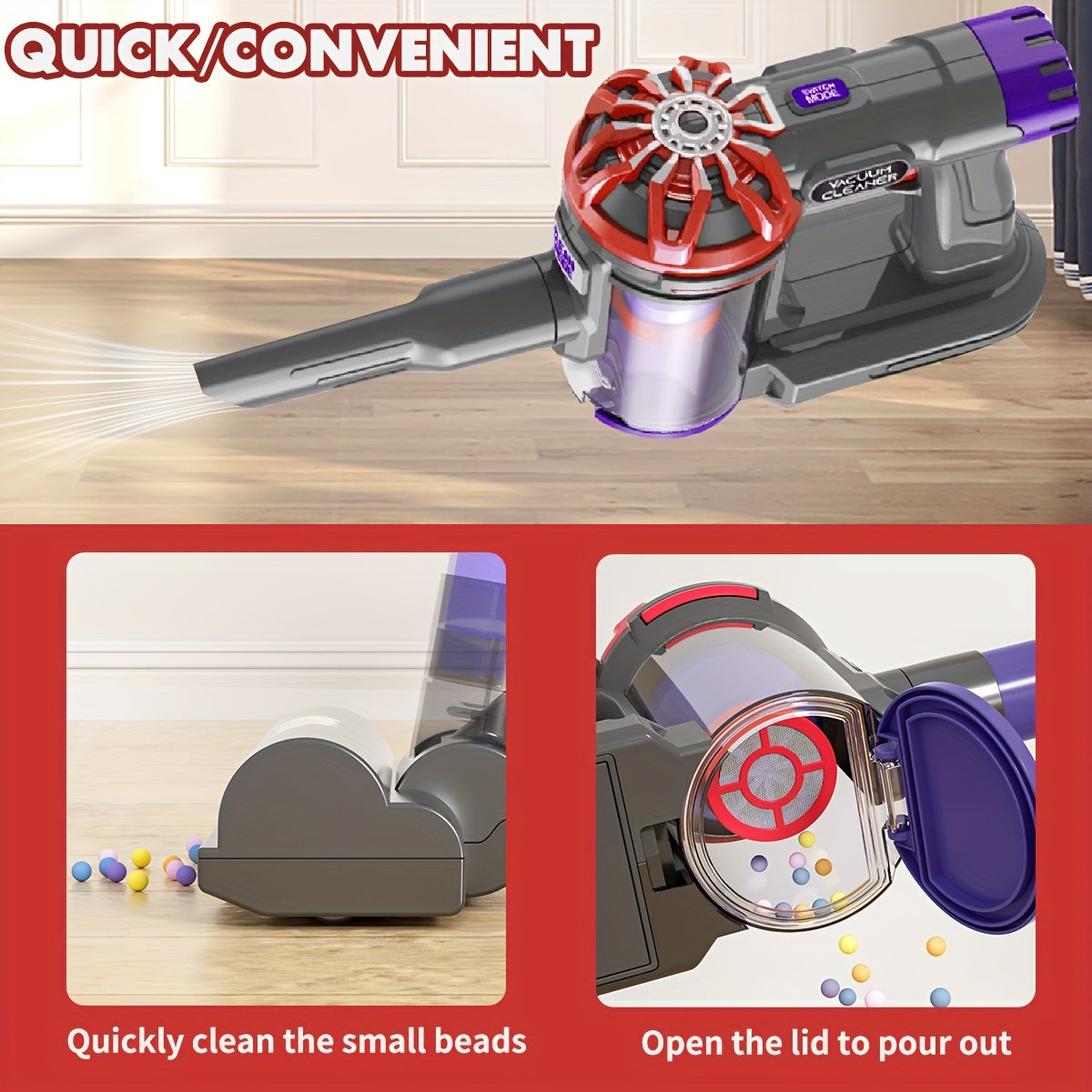 TUSEANG 4-in-1 Cordless Toy Vacuum Cleaner for Kids in Purple & Gray, Ideal for Pretend Play and Home Cleaning