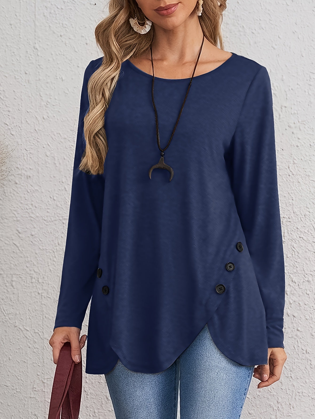 Stylish European & American Long Sleeve T-Shirt for Women - Features Decorative Buttons, Crew Neck, Stretchy Polyester Blend - Ideal for Spring/Fall seasons.