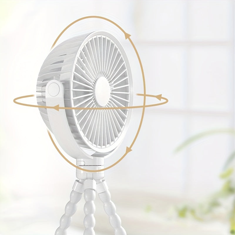 Versatile portable USB rechargeable fan features a tripod stand, high-velocity octopus gripping base, button control, indoor & outdoor air circulation, plastic painted finish, and integrated lithium battery. Perfect for desk or travel use, this exhaust