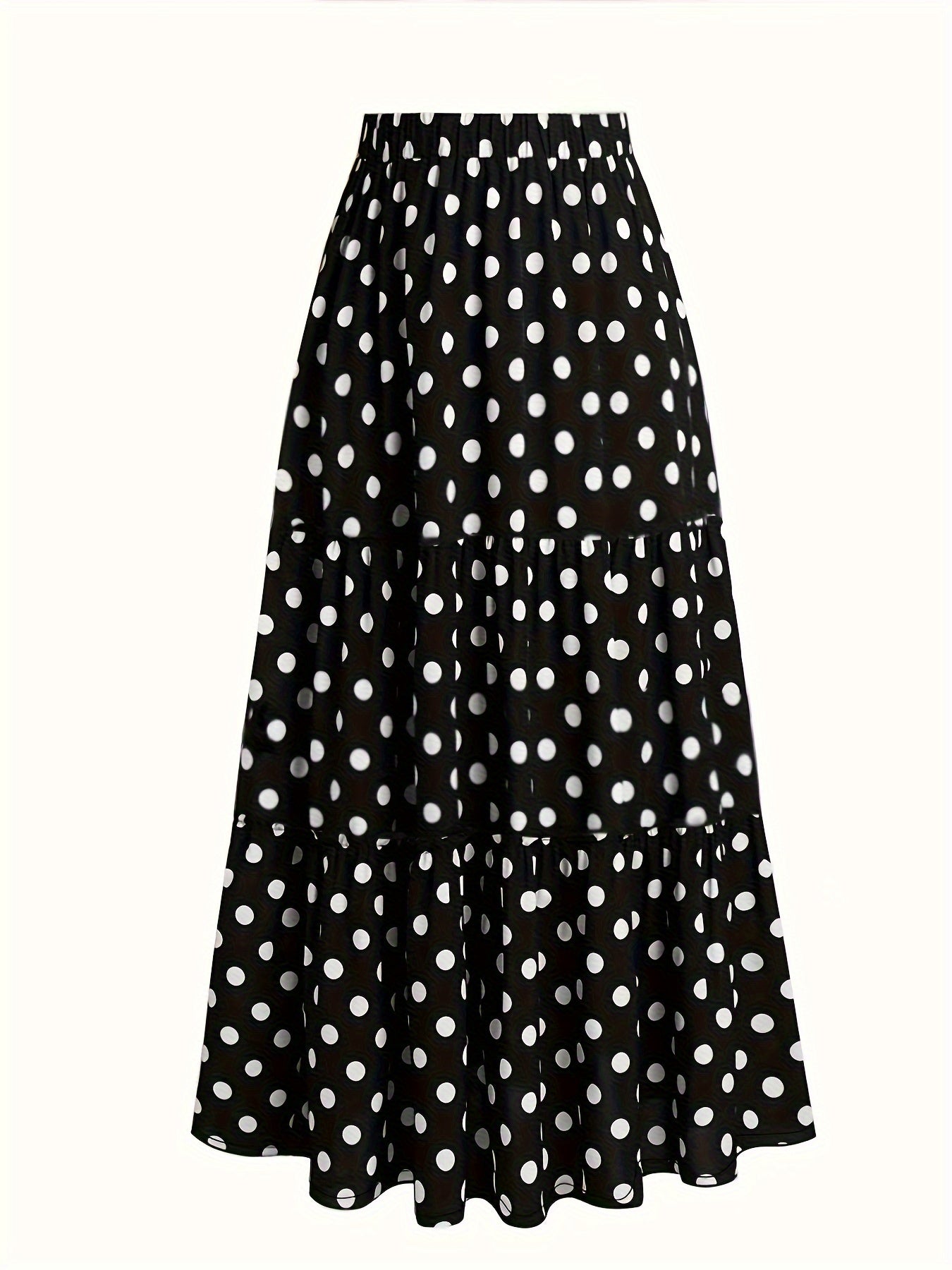 Plus Size Women's casual red and white polka dot tiered long skirt - non-stretch fabric, perfect for Spring/Summer/Fall.