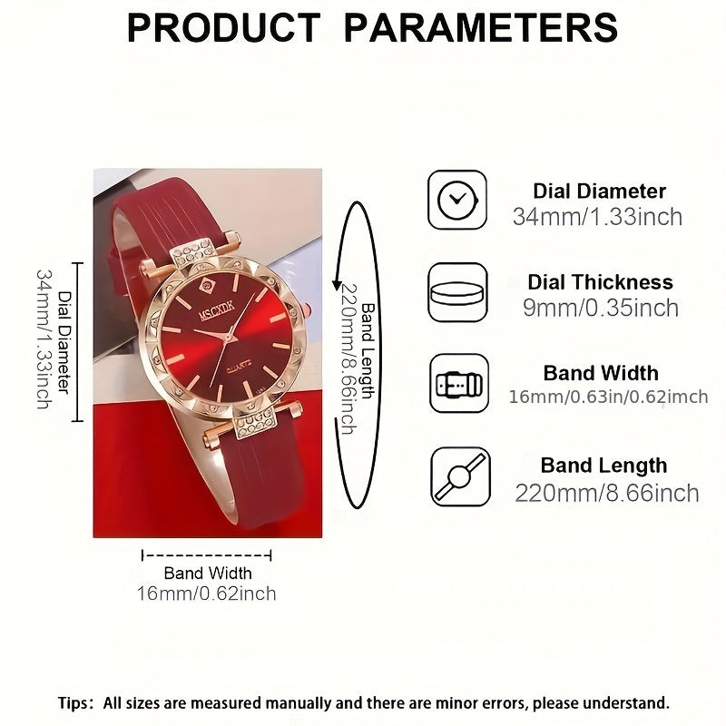 5-Piece Ladies Quartz Watch Set with Heart Jewelry - Red Dial, PU Leather Band, Zinc Alloy Case, Non-Analog Watches with Matching Necklace, Ring, and Earrings