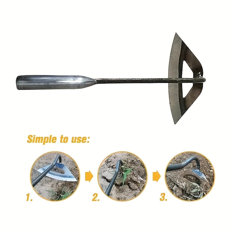 Sturdy stainless steel handheld garden hoe for effective weeding and soil cultivation in gardening and farming.