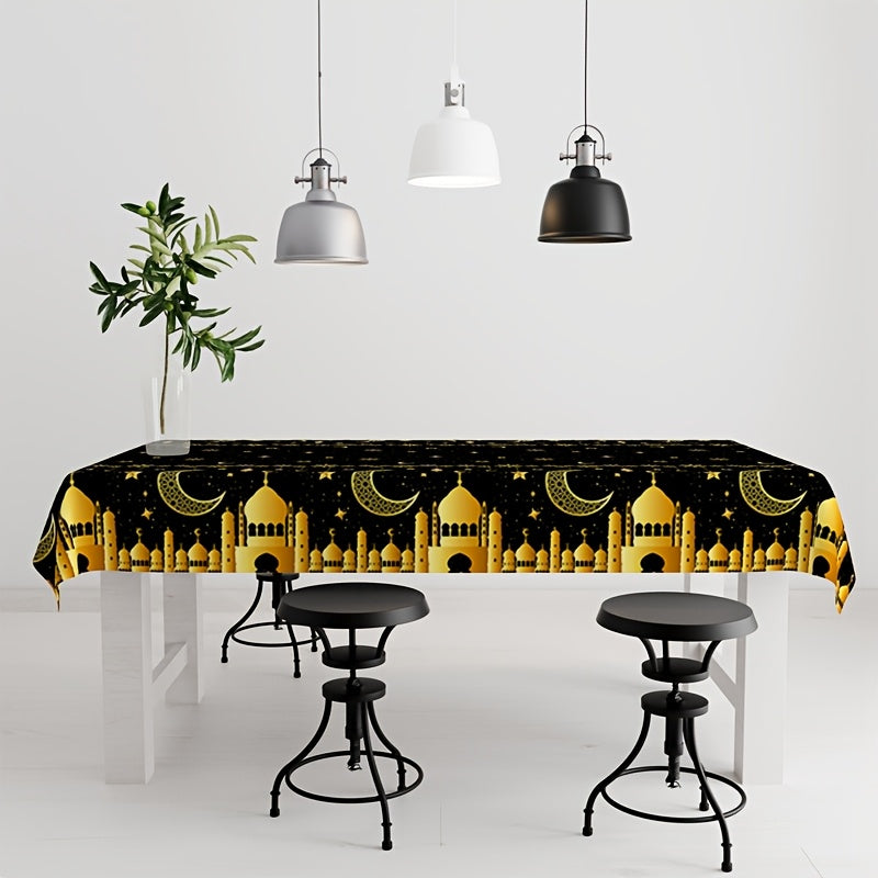 Eid Mubarak tablecloth for Islamic celebrations, featuring moon and star design in black and gold. 130x220cm machine-made plastic tablecover for Eid Al Adha and Ramadan Kareem parties.