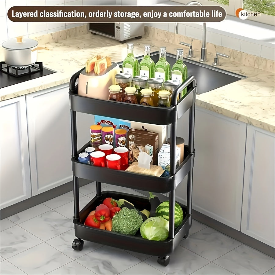 Multi-functional 3-tier plastic utility cart with wheels, no electricity required, perfect for home and outdoor camping. Portable storage organizer.