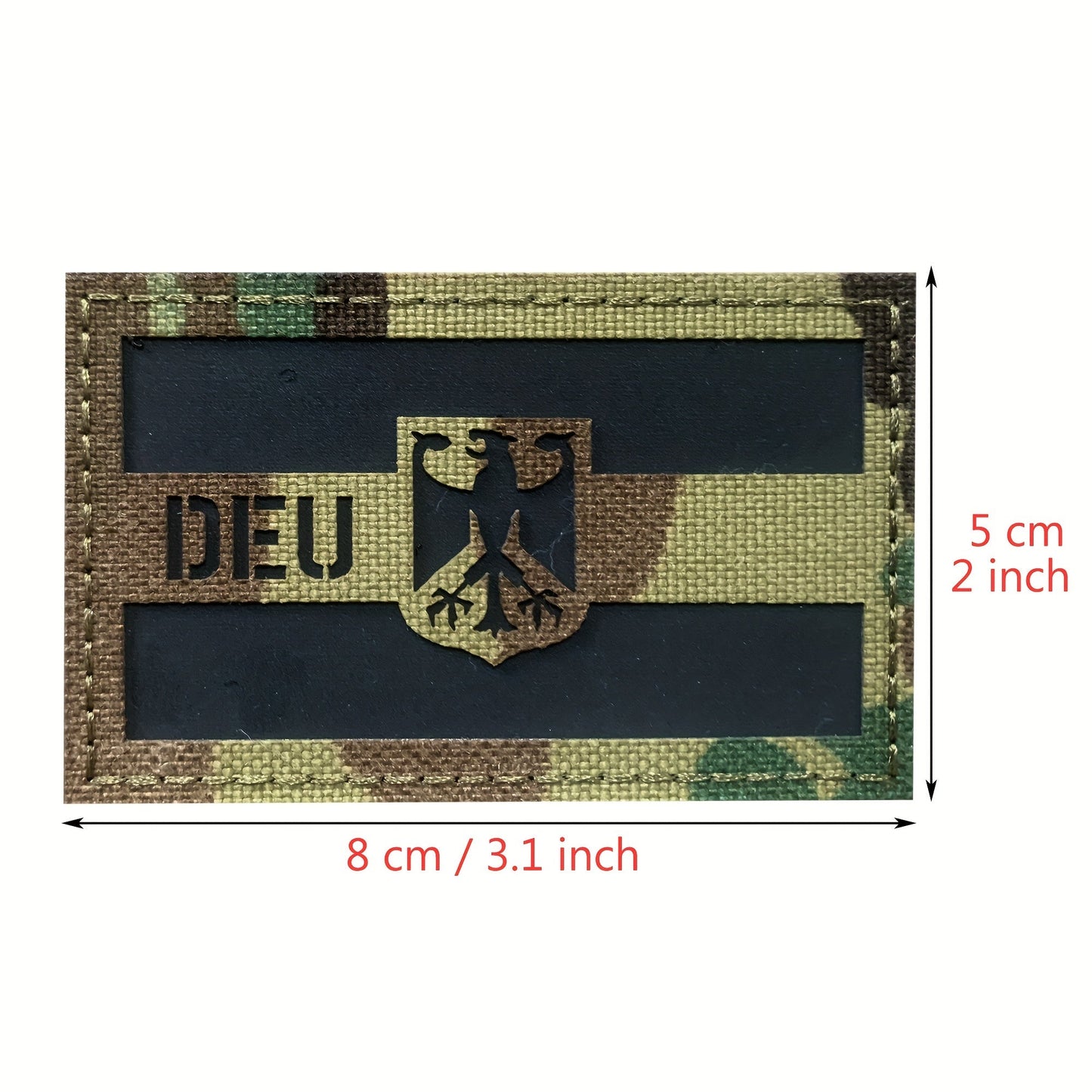 This Camouflage IR Reflective DEU Patch features an Infrared Reflection DEU Eagle Fastener Patch with Hook and Loop for easy attachment. This German Reflective Patch is ideal for adding Germany Morale Badges to Tactical Bags, Garments, Hats, and more. A