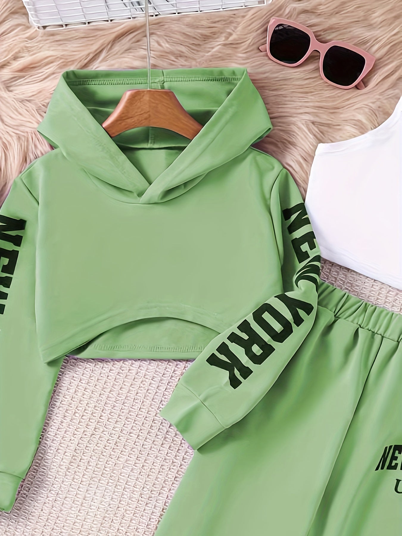 3-piece stylish outfit for girls with a NEW YORK print hoodie, cami top, and sweatpants, perfect for daily and outdoor wear in spring and fall.