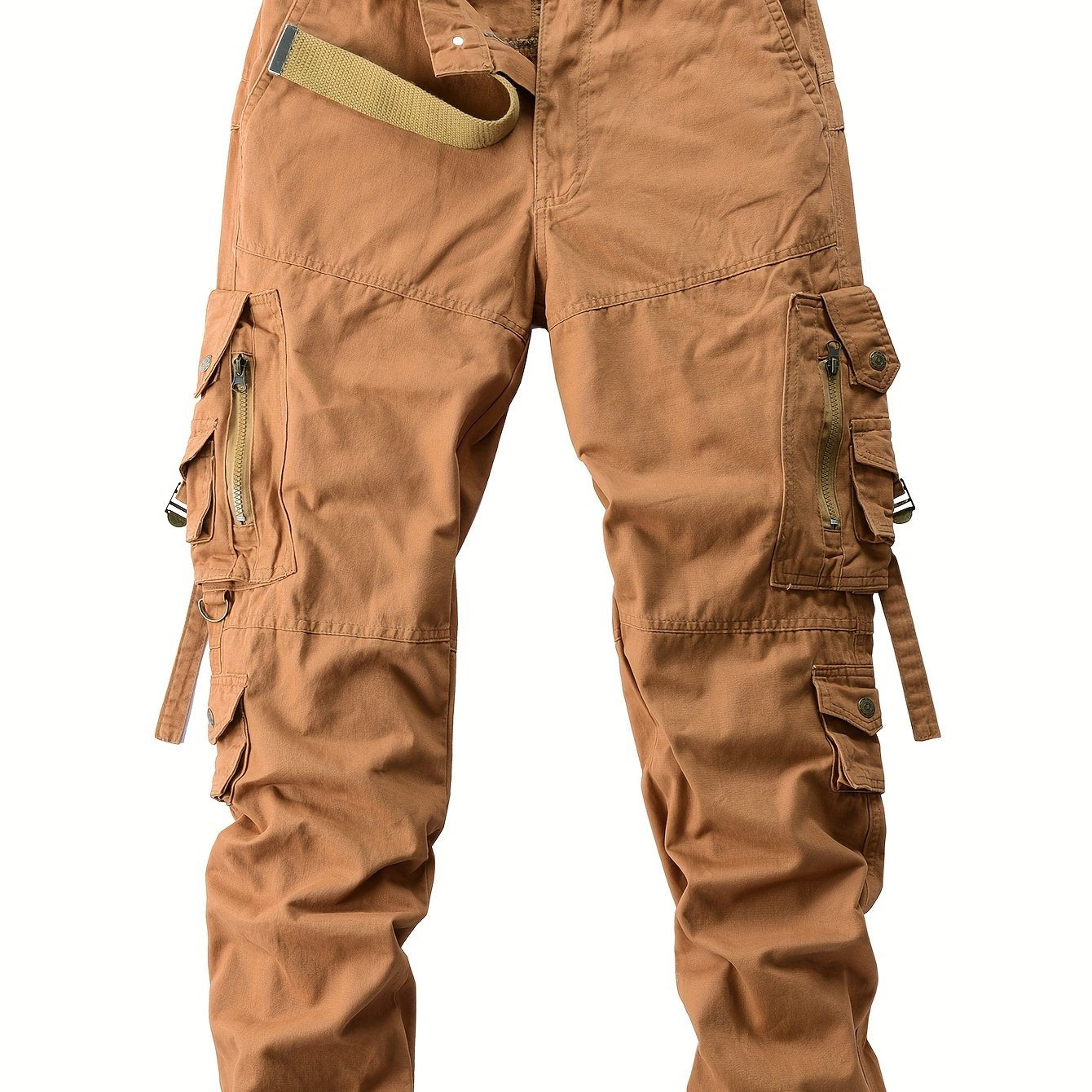 Men's vintage heavy-duty cotton cargo pants with multiple pockets, zipper fly, and loose fit for all-season work wear.