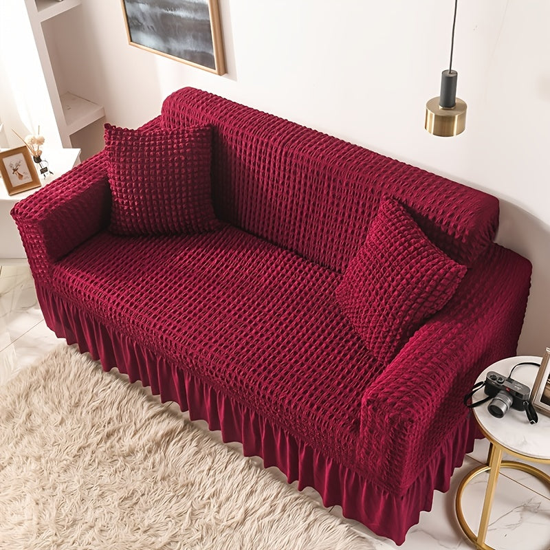 Stretch sofa slipcover with skirt, washable and durable, universal fit.