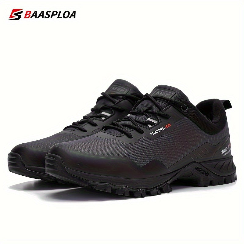 BAASPLOA Men's Low-Top Hiking Shoes in Black with Red Accents - Durable, Waterproof, Anti-Slip, Comfortable PU Insole