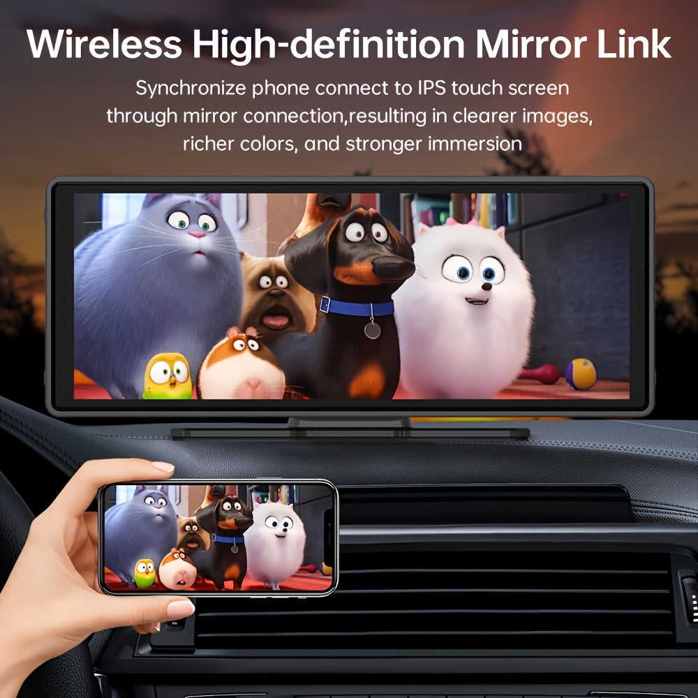 Portable 4K Ultra HD Dual-Camera DVR with Voice Control - 26.06cm screen, Wireless CarPlay & AndroidAuto, HD Reverse Camera, Loop Recording, WiFi, Call & Navigation, FM/AUX, Easy Mount