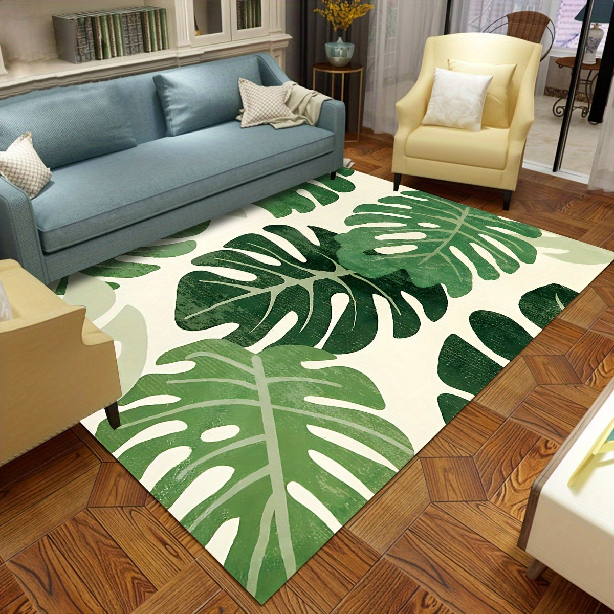 Green Plant Pattern Soft Area Rug, made of modern style polyester with a thick and luxurious rectangular design. Ideal for living rooms, bedrooms, kitchens, and indoor decor. This absorbent rug features a non-slip mat and foam pad for added comfort.