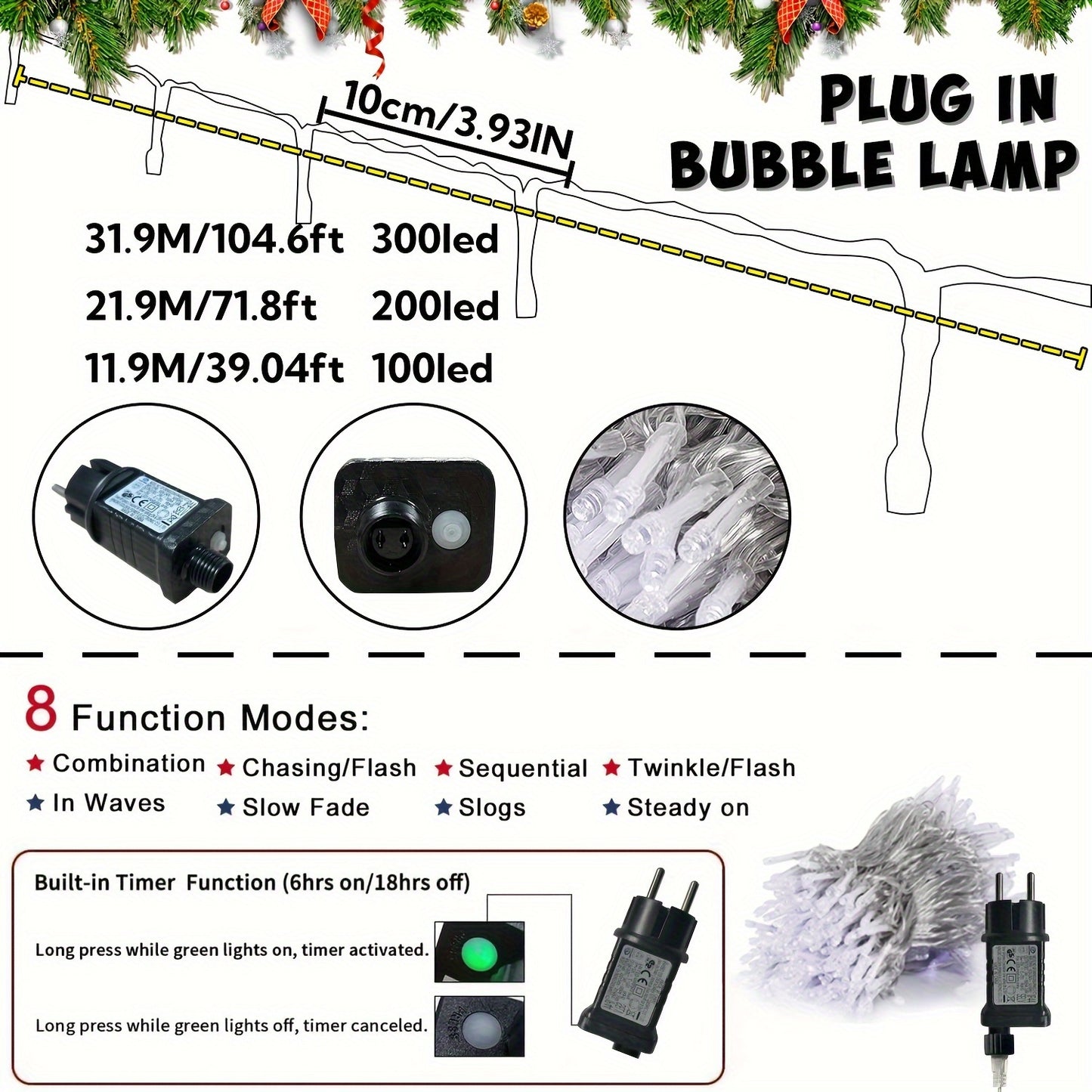 Fairy-style LED string lights for Christmas: 300/200/100 LEDs, 8 modes with timed memory, indoor & outdoor use, warm white, ideal for tree & party decor.