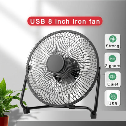 A portable USB plug-in desktop fan with a stylish 8-inch iron art design. Features 2-speed adjustable settings, 4 strong fan blades, and a 360° adjustable angle for maximum airflow.