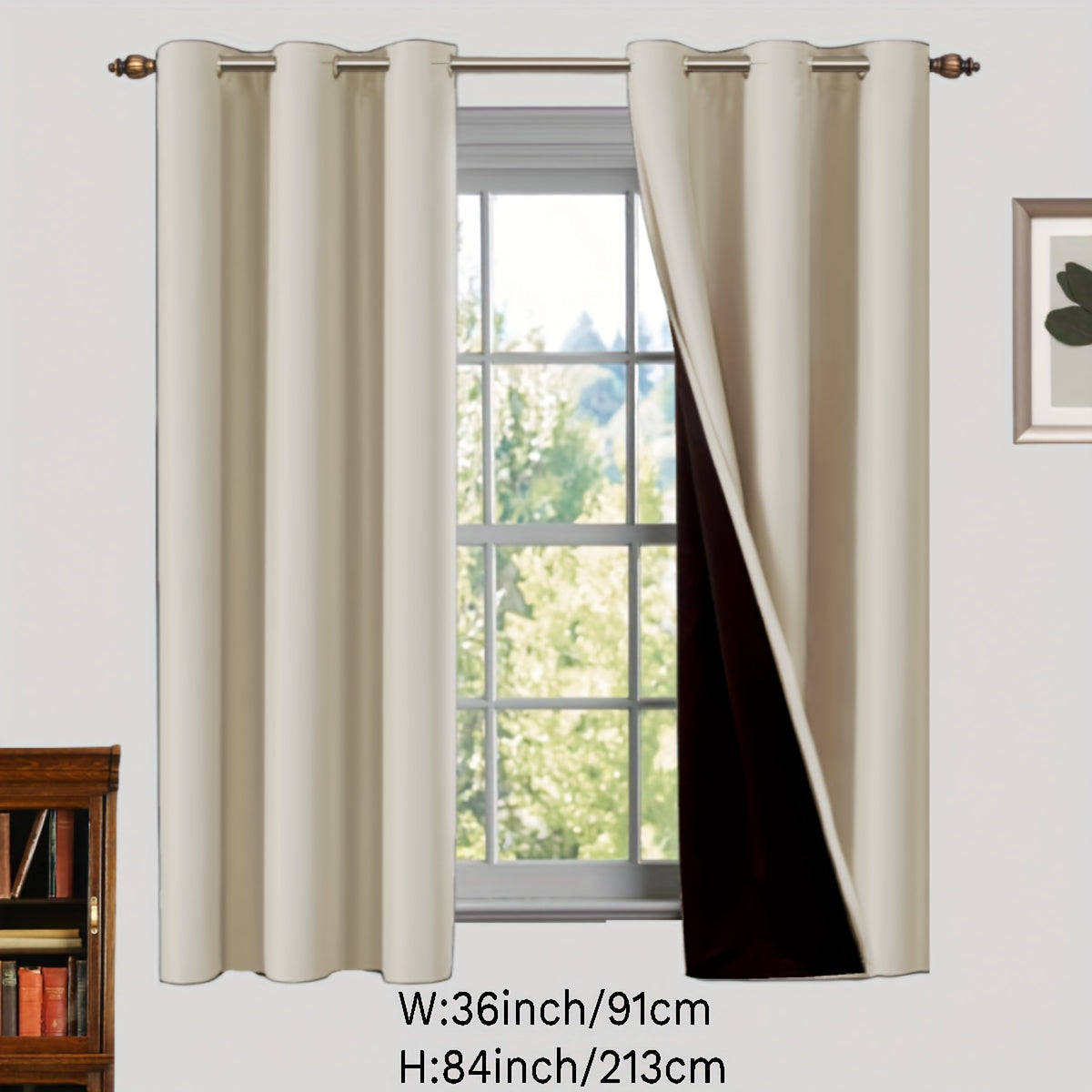 Two pieces of 100% blackout curtains made from polyester, coated and insulated with a grommet top design. Perfect for bedroom, living room, and home decor.