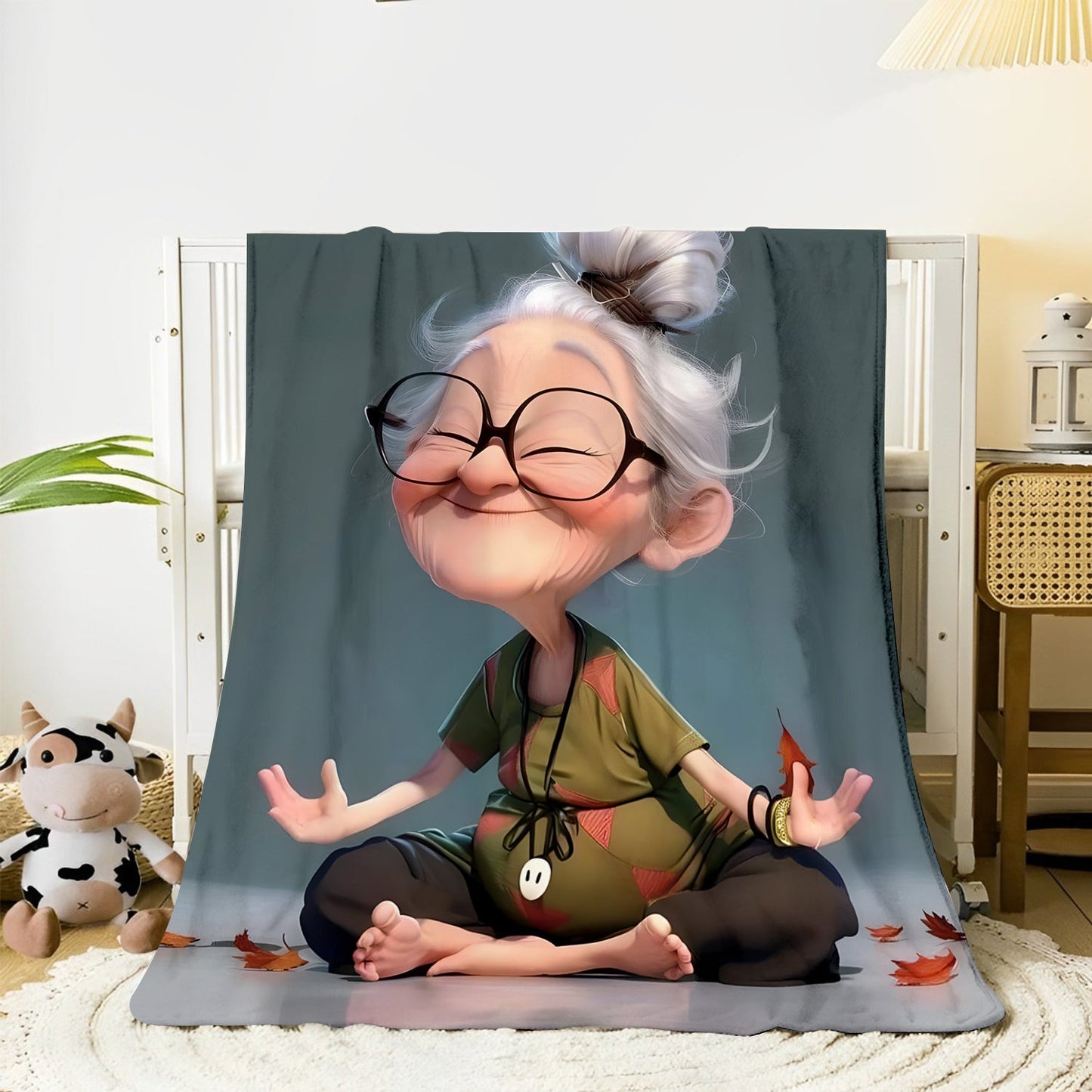 Modern Yoga Granny Throw Blanket made of Soft and Comfortable Flannel Fleece, featuring a Digital Print on Polyester material. It is a Lightweight Fabric weighing 200-250g, with All-Season Cozy Knitted Craftsmanship. Perfect for gifting to family