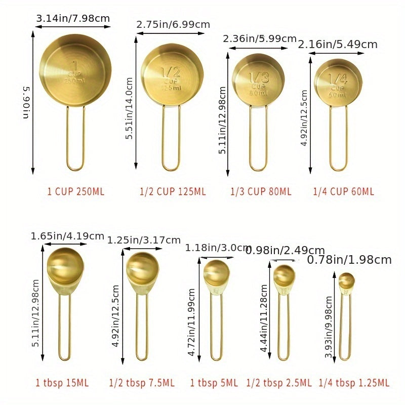 Stainless Steel Measuring Spoons and Cups Set, Round Gold-Plated Kitchen Tools, Baking Scale, Home Kitchen Use, 4/5/9 Pieces