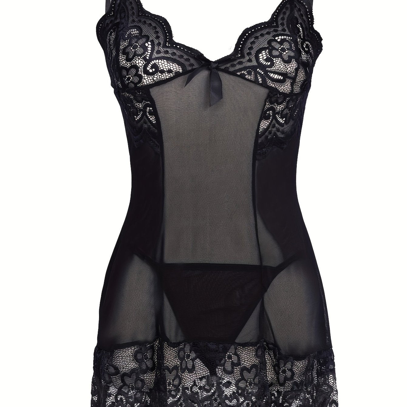 Women's black lace lingerie set includes a sheer slip dress with V-neck and matching thong featuring intricate floral patterns. Made from a soft polyester blend, perfect for romantic