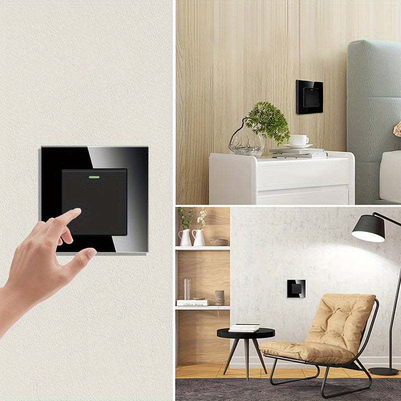 Sleek tempered glass crystal wall switch available in white, gray, and black in 1GANG, 2GANG, and 3GANG options.