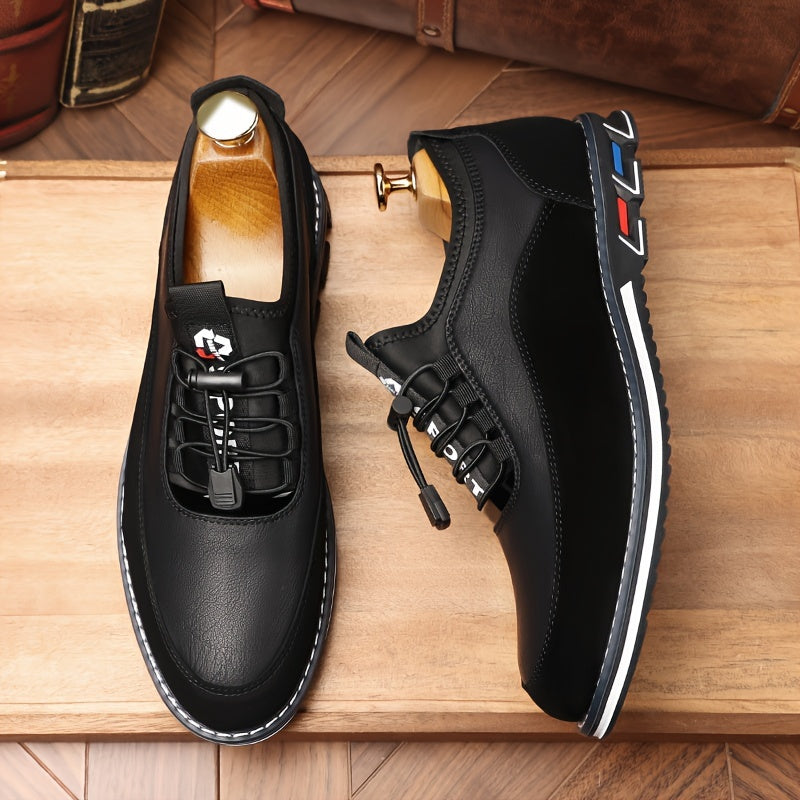 Men's casual low top lace-up shoes with elastic band, PU upper and rubber sole, suitable for all seasons.