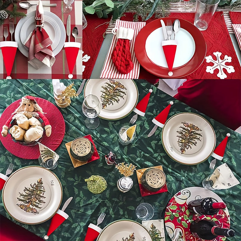 12-Piece Christmas Table Decoration Set includes Chambray Santa Hat Cutlery Holders and Bottle Toppers, Mini Santa Hats for Festive Party Table Décor, Feather-Free, No Electricity Needed Holiday Ornaments.